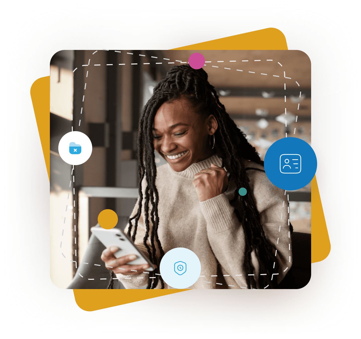 A Syka customer smiling at her phone after a payment goes through