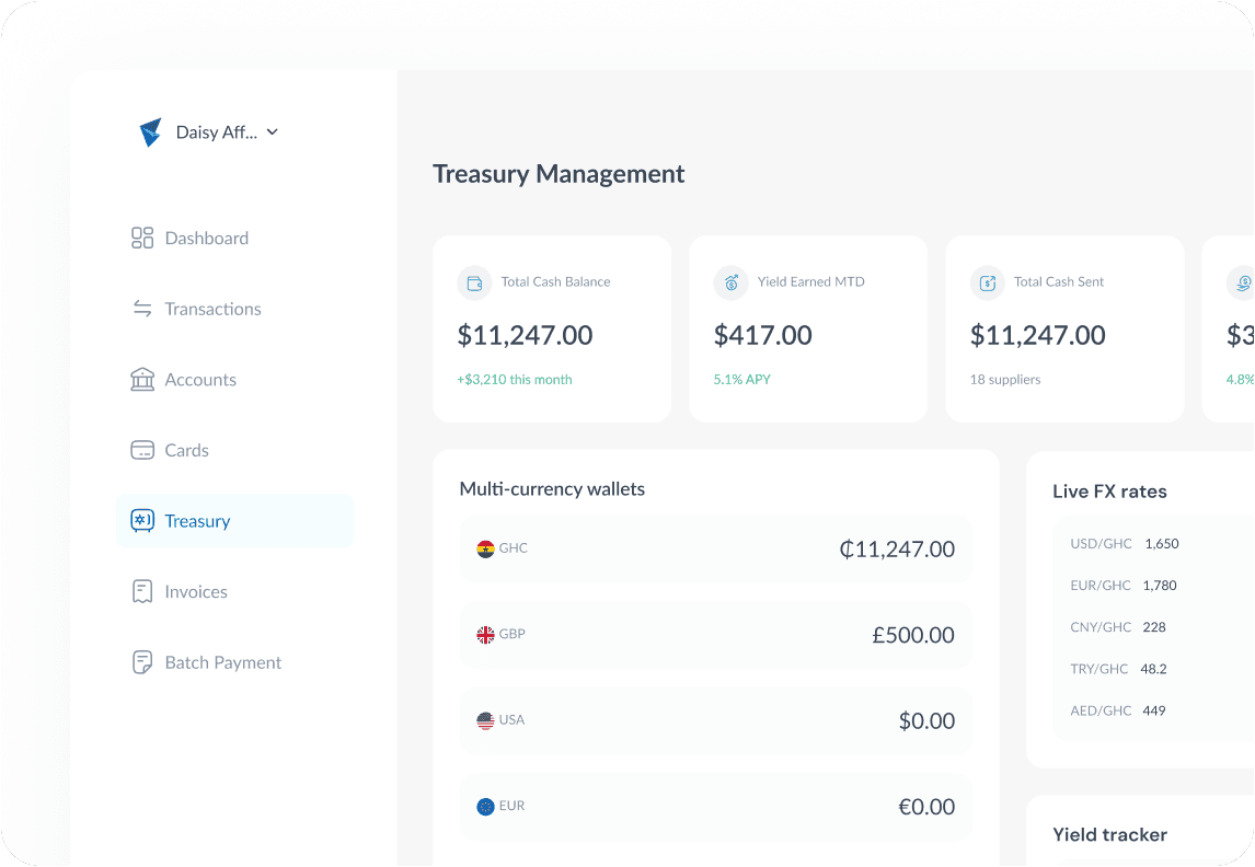 Treasury management dashboard with multi-currency wallets and FX rates